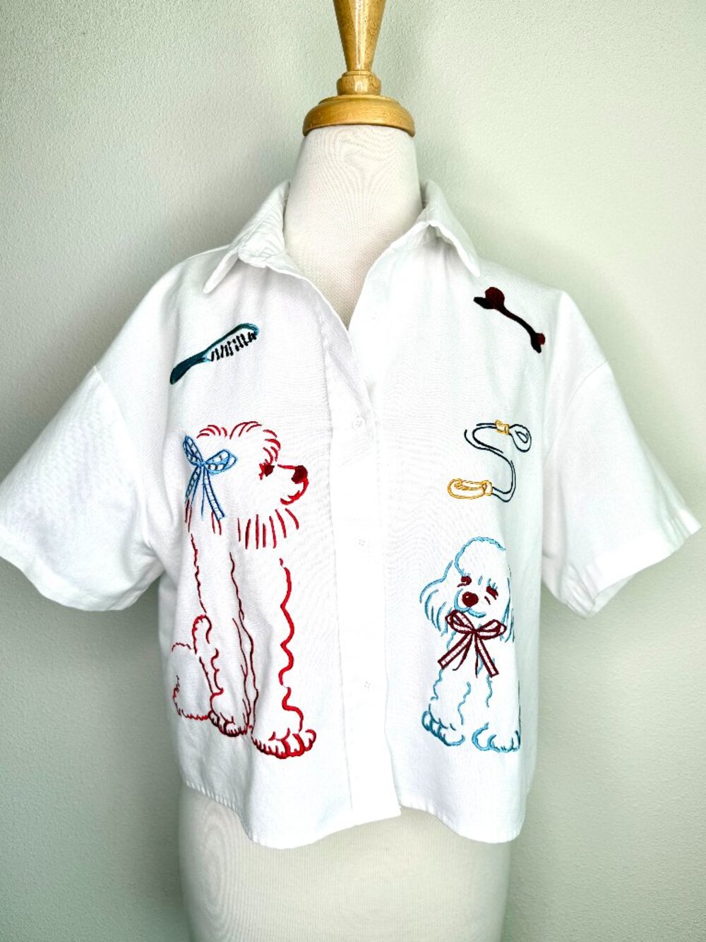 Cider Button Up Top Dog Embroidered Linen Blend Short Sleeve Blouse Sz M